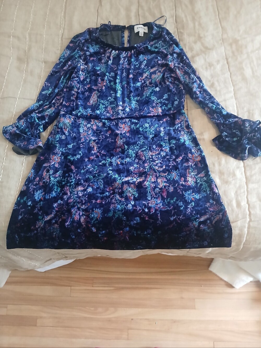 Highline Velvet Floral Long-Sleeve Dress - Navy